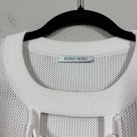 Ronny Kobo Open Stitch Fringe Sweater Cream Lace Up Crew Neck Long Sleeves - Picture 4 of 9